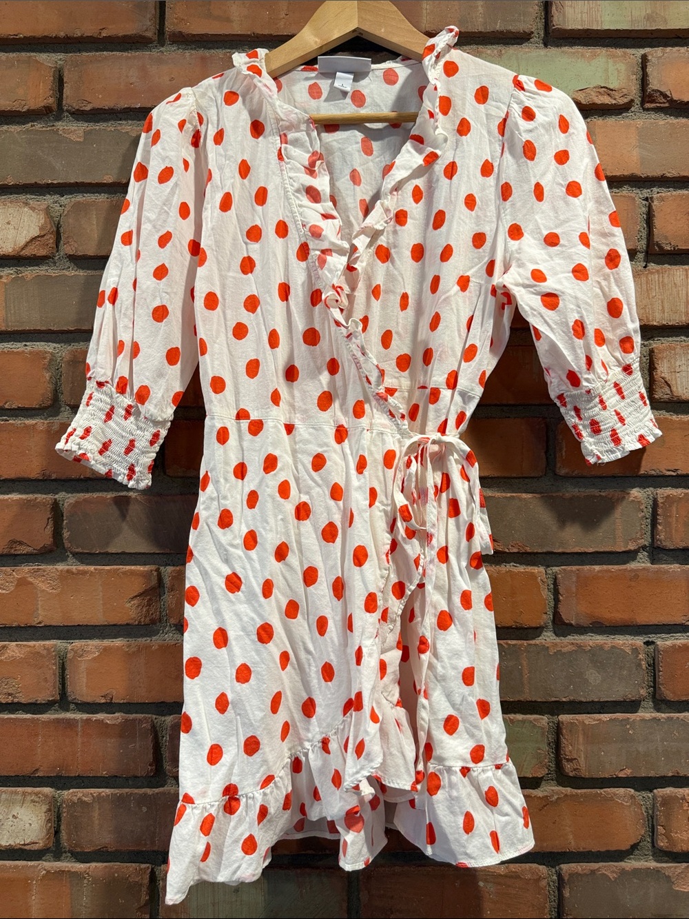RIXO White Wrap Dress with Bright Orange Polka Dots